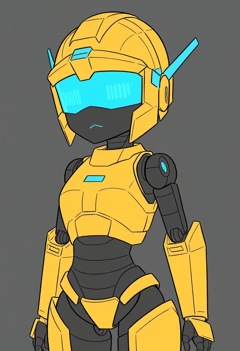 <lora:FlatColor:1.2> flat color, robot, small breasts, helmet, visor, gold armor, 