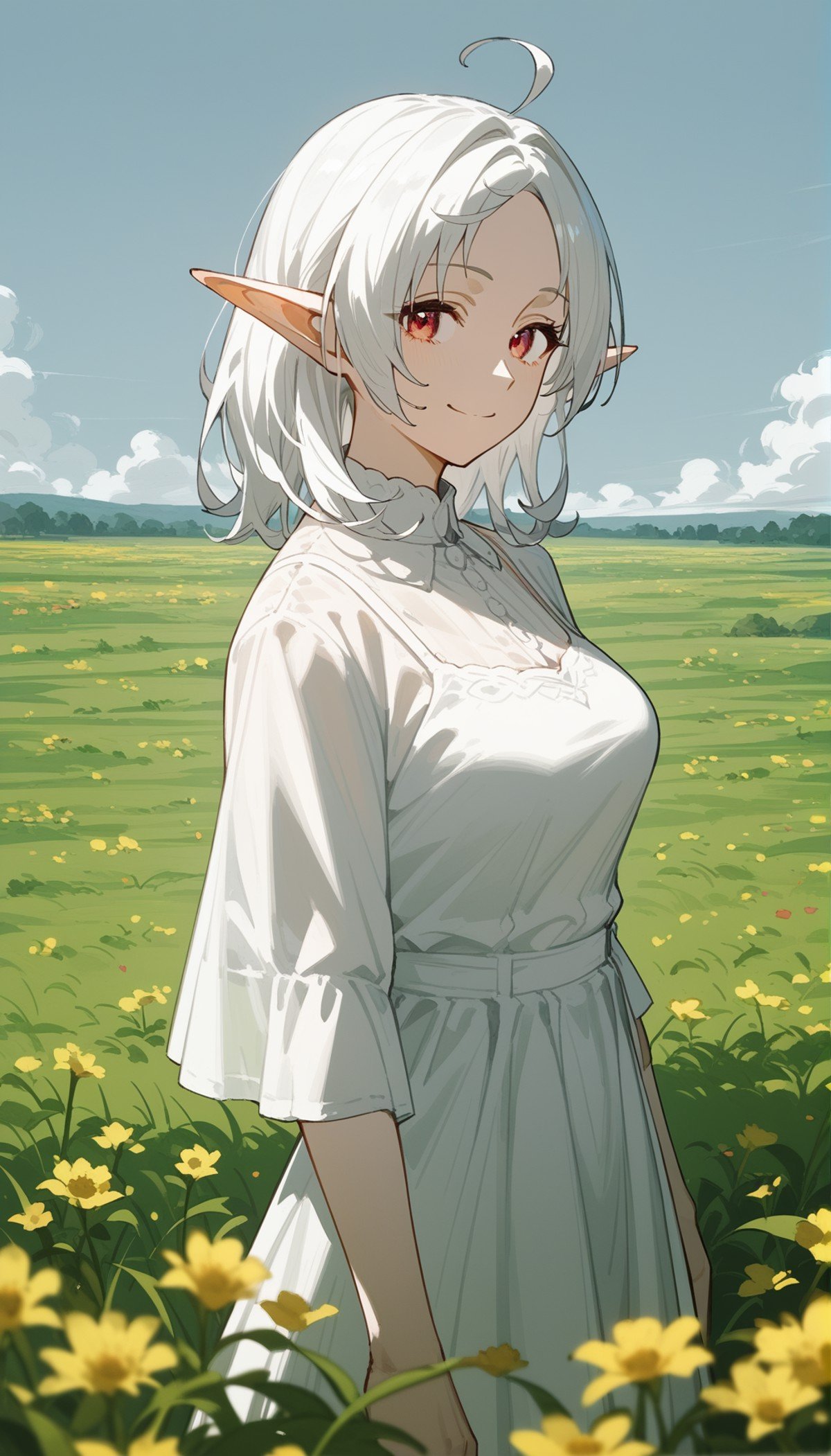 (score_9,score_8_up,score_7_up,score_6_up,score_5_up,score_4_up), style_2, cowboy shot, from side, looking at viewer, 1girl, mature female, sylphy, white hair, medium hair, ahoge, parted bangs, red eyes, pointy ears, elf, medium breasts, smile, closed mouth, (white dress), outdoors, flower field, atmospheric perspective, standing, <lora:MylphietteMT-07:0.7>