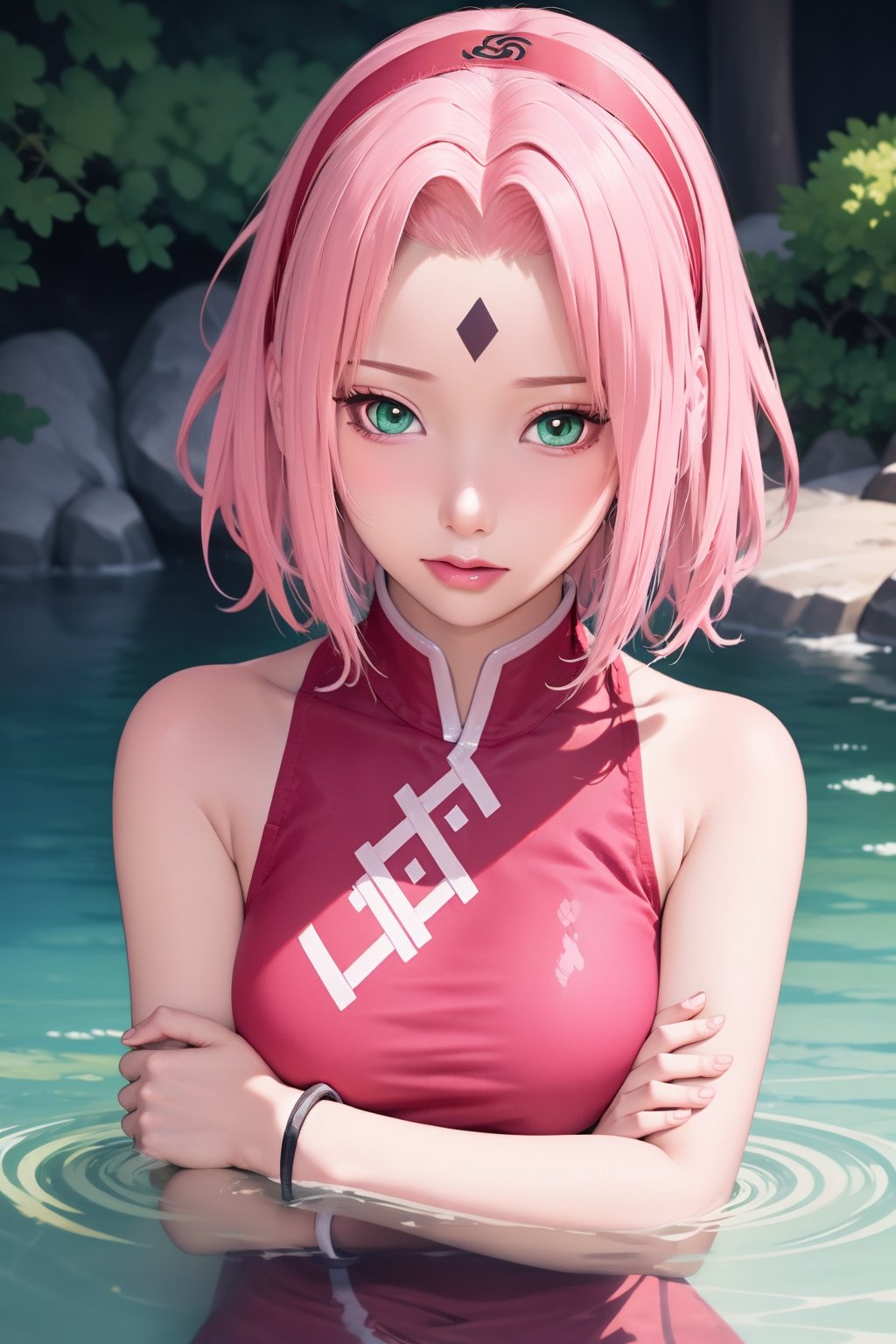 1girl,haruno sakura,solo,looking at viewer,short hair,bangs,shirt,bare shoulders,medium breasts,closed mouth,green eyes,upper body,pink hair,outdoors,sleeveless,water,parted bangs,forehead mark,red hairband,<lora:lbc_haruno_sakura_240324_v1.0-000010:0.9>,