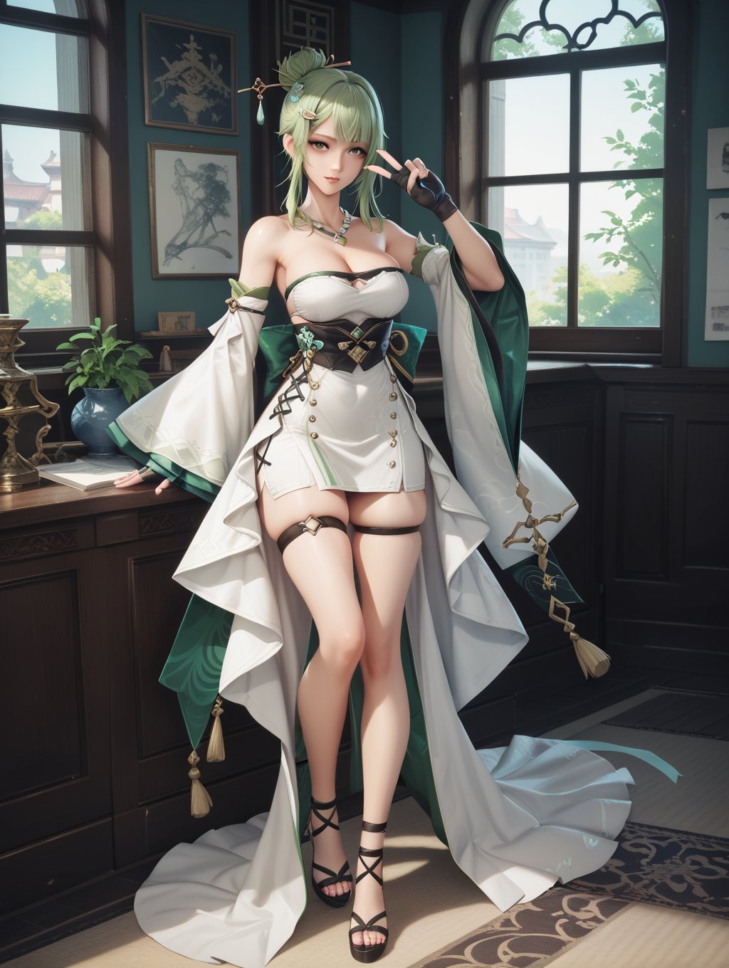 score_9, score_8_up, score_7_up,1girl, solo, Hanying, green hair, single hair bun, hair stick, hair ornament, necklace, strapless dress, white dress, cleavage, detached sleeves, fingerless gloves, v , full body, thigh strap, skindentation, indoors, teahouse, window, 