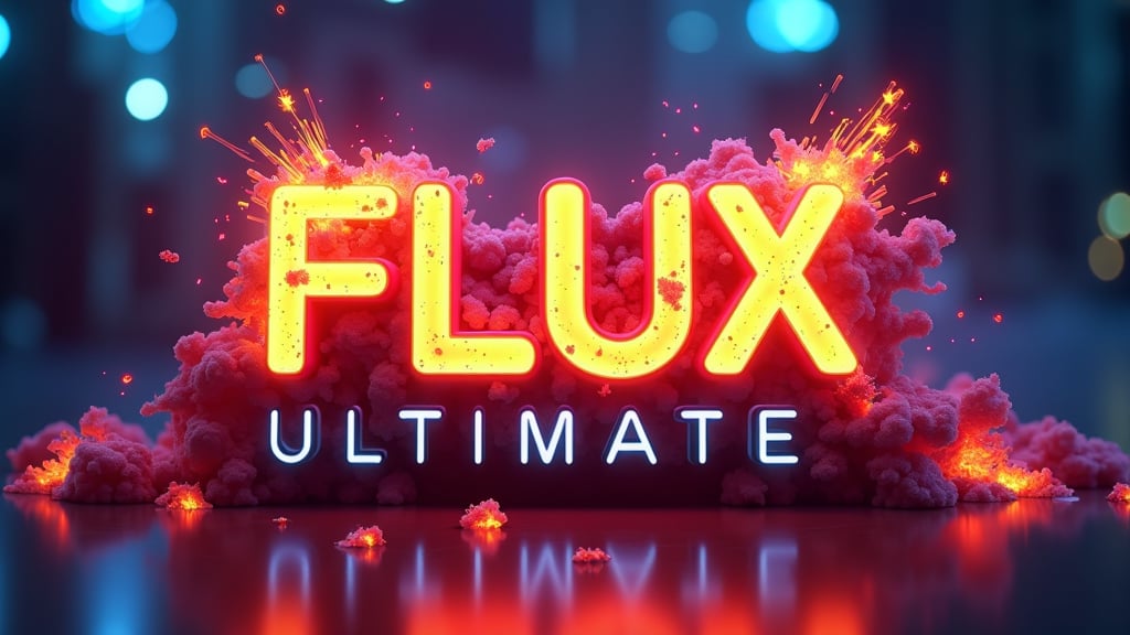 Logo in neon lights, 3D, colorful, modern, glossy, neon background,with a huge explosion of fire with epic effects, the text reads  "FLUX ULTIMATE , GAME CHANGER ",