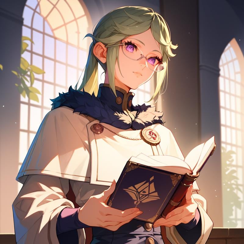 <lora:SlimesLetoile:1>, score_9, score_8_up, score_7_up, slimes_letoile, woman, solo, glasses, purple eyes, holding open book, straight on view, castle interior background