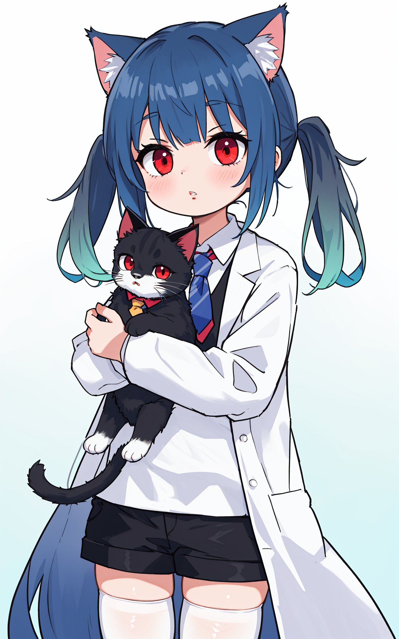 1girl, cat girl, solo, red eyes, cat ears, blue hair, long hair, bangs, twintails, eyebrows visible through hair, sidelocks, parted lips, looking at viewer, holding cat, black cat, open clothes, necktie, labcoat, white shirt, collared shirt, long sleeves, black shorts, white legwear, thighhighs, standing, gradient, gradient background,best quality,amazing quality,very aesthetic,absurdres,