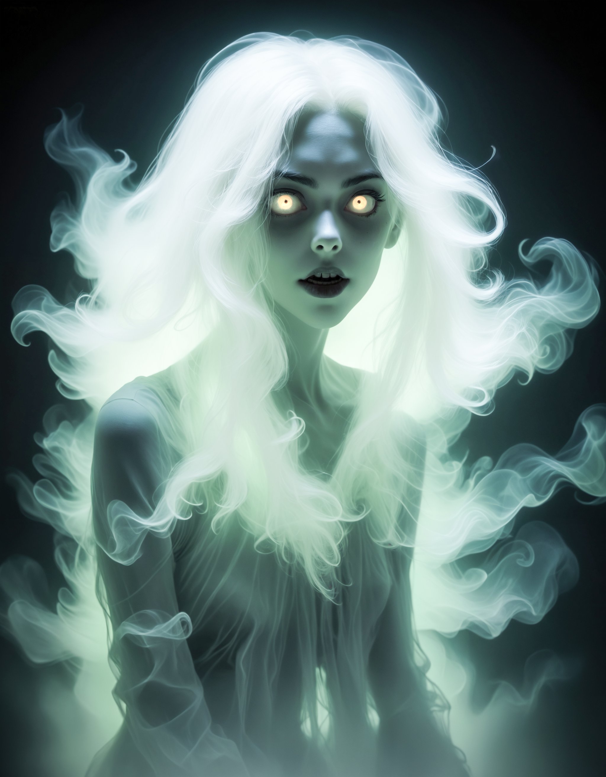 zavy-hrglw, hyperrealistic horror shot of a (ghostly ectoplasm:1.5), creepy, foggy, evening, light bloom, neon white hair, Tristan Eaton, victo ngai, artgerm, RHADS, ross draws, translucent, ectoplasm, masterpiece, best quality, dreamy, magnificent, ethereal, volumetric lighting, lightroom, ((cinematic)), raytracing, subsurface scattering, face focus, magnificent, celestial, ethereal, epic, magical, dreamy, chiaroscuro, subsurface scattering, filmic, macro, shallow dof, shallow depth of field, velus hairs, beautiful eyes, extremely detailed pupil,