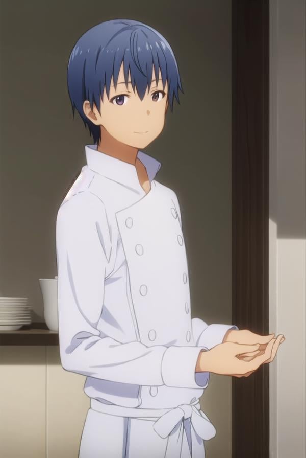 hiroomisouma, <lora:hiroomi souma s2-lora-nochekaiser:1>,hiroomi souma, (brown eyes:1.3), blue hair, male focus, smile,BREAK apron, buttons, waist apron, white pants, chef,BREAK indoors, restaurant,BREAK looking at viewer, (cowboy shot:1.5),BREAK <lyco:GoodHands-beta2:1>, (masterpiece:1.2), best quality, high resolution, unity 8k wallpaper, (illustration:0.8), (beautiful detailed eyes:1.6), extremely detailed face, perfect lighting, extremely detailed CG, (perfect hands, perfect anatomy),