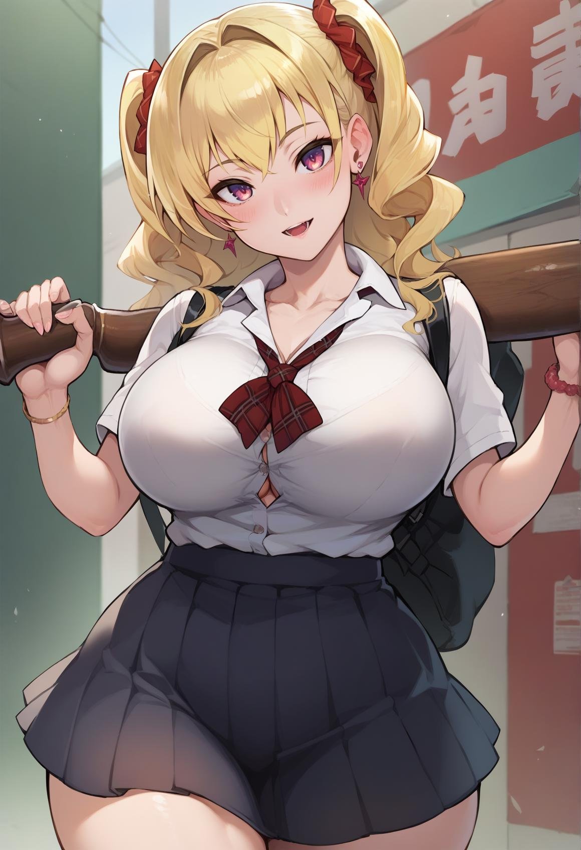 score_9, score_8_up, score_7_up, source_anime,1girl, bangs, blonde hair, blush, breasts, earrings, holding weapon, large breasts, long hair, looking at viewer, multicolored hair, open mouth, parted lips, school uniform, smile, standing, thick thighs, twintails<lora:Panda-Ookuma-Style-PonyXL-000048:1>