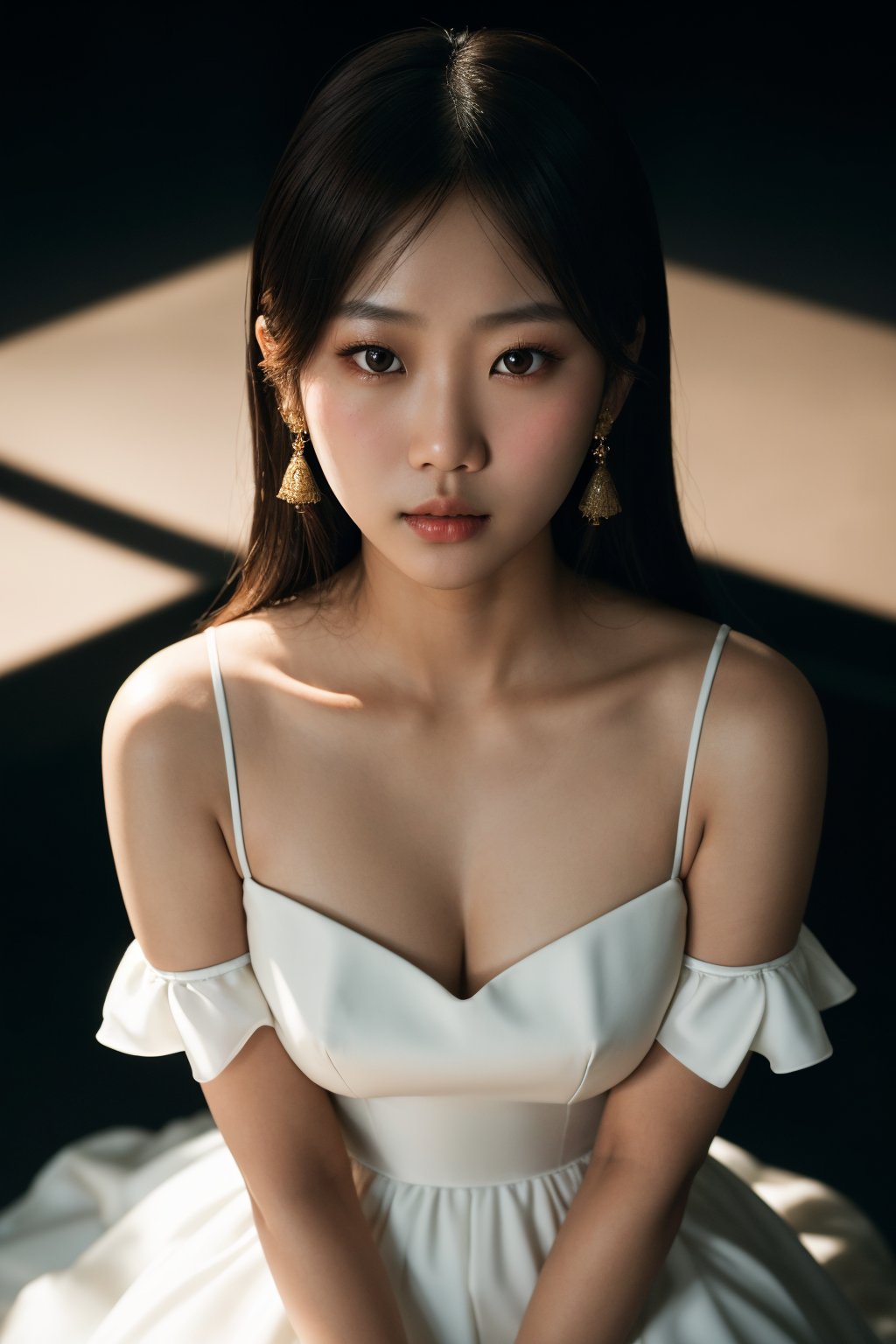 best quality, masterpiece,raw photo of asian female in white dress, close up face, brown hair, fashion accessories, looking at viewer, indoor, dark theme, dark room, from above,professional photo, high contrast exposure, soft bokeh, high key light, hard shadow, soft bokeh, simple background,