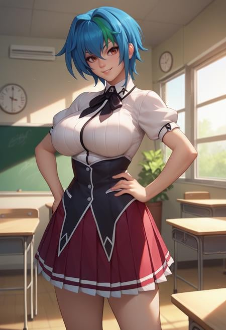 score_9, score_8_up, score_7_up, source_anime, solo, 1girl, xenovia quarta, smile, looking at viewer, standing, hand on own hip, school uniform, white shirt, black ribbon, neck ribbon, puffy short sleeves, corset, red skirt, pleated skirt, large breasts, indoors, classroom <lora:highschooldxd_xenovia_ponyXL:1>