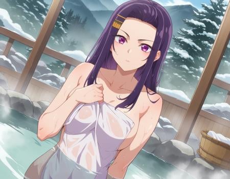 score_9, score_8_up, score_7_up, source_anime,sayuriakino, <lora:sayuri-akino-ponyxl-lora-nochekaiser:1>sayuri akino, long hair, hair ornament, hairclip, purple hair, purple eyes, forehead,nude, naked, outdoors, onsen, towel, naked towel, steam, bathing, nude cover, partially submerged, water, bath, steam censor, wet towel,looking at viewer, cowboy shot, dutch angle,