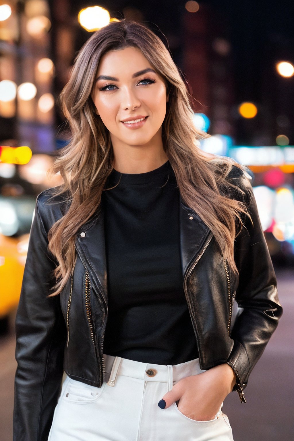 <lora:Aubrey_Kate_TS_Lora:0.85>, photo of 4ubr3y, smile, cowboy shot:1.3, posing, vintage photo, leather jacket, leather pants, winter, Century Camera Co. Studio, 160mm f/8, 1/10s, ISO 25, film grain, on Broadway street, night, happy, epiCRealism, epiCPhoto 