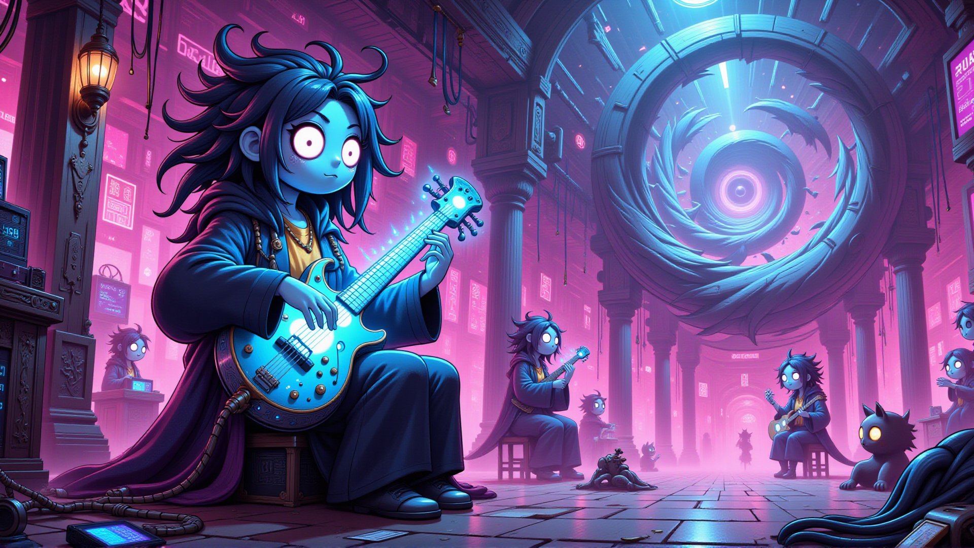 A neon-dreadlocked Cyber Bard jamming on a holographic lyre amidst a swirling vortex of code in a dystopian underground nightclub.