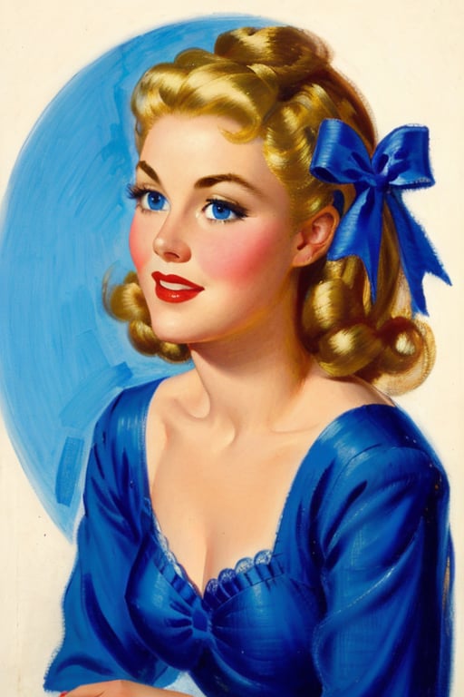 <lora:pinup_girls_v1.0:0.8> woman with a hair ribbon, blonde hair, blue eyes