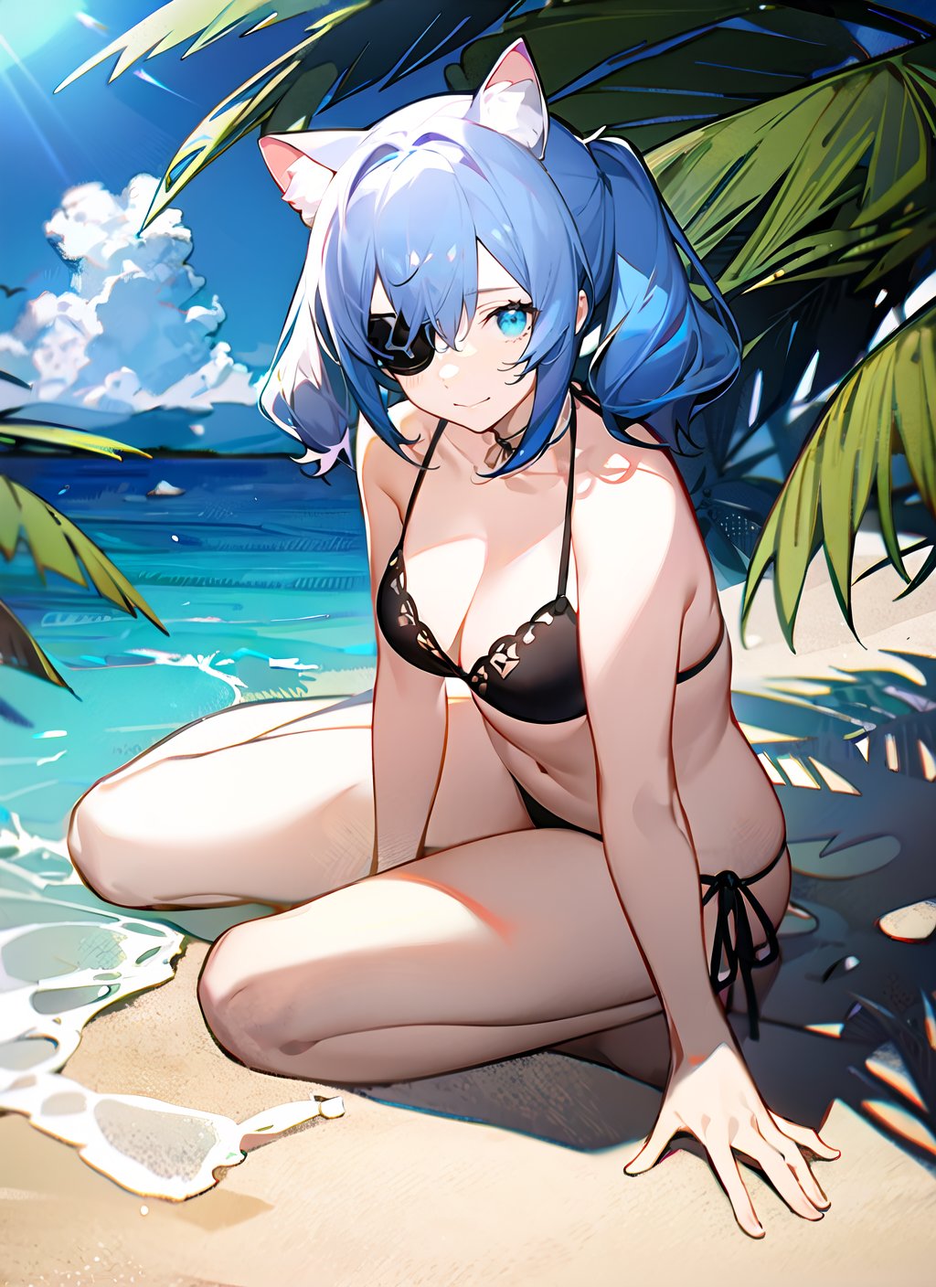 (masterpiece, best quality,top quality),(wide shot:0.95),(full body),Dynamic angle,solo,1girl,looking at viewer,bikini,bikini_skirt,(twintails:1.1),cat ears,naughty_face,(light blue hair:1.2),eyepatch,water fly,palm tree in background,sun,day light,sunny,large sky,beach,depth_of_field,particle effects,