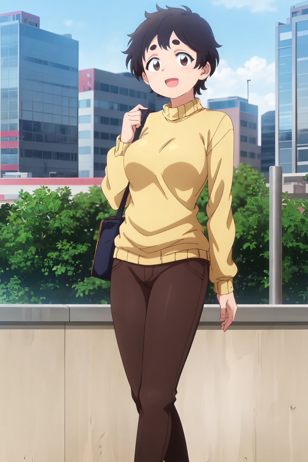 Nokoko Inaka, (8k, HD), 1 girl, alone, smile, short hair, open mouth, black hair, :d, outdoors, sky, day, pants, sweater, thick eyebrows, building, brown pants, yellow sweater, hands behind back<lora:EMS-468467-EMS:0.800000>