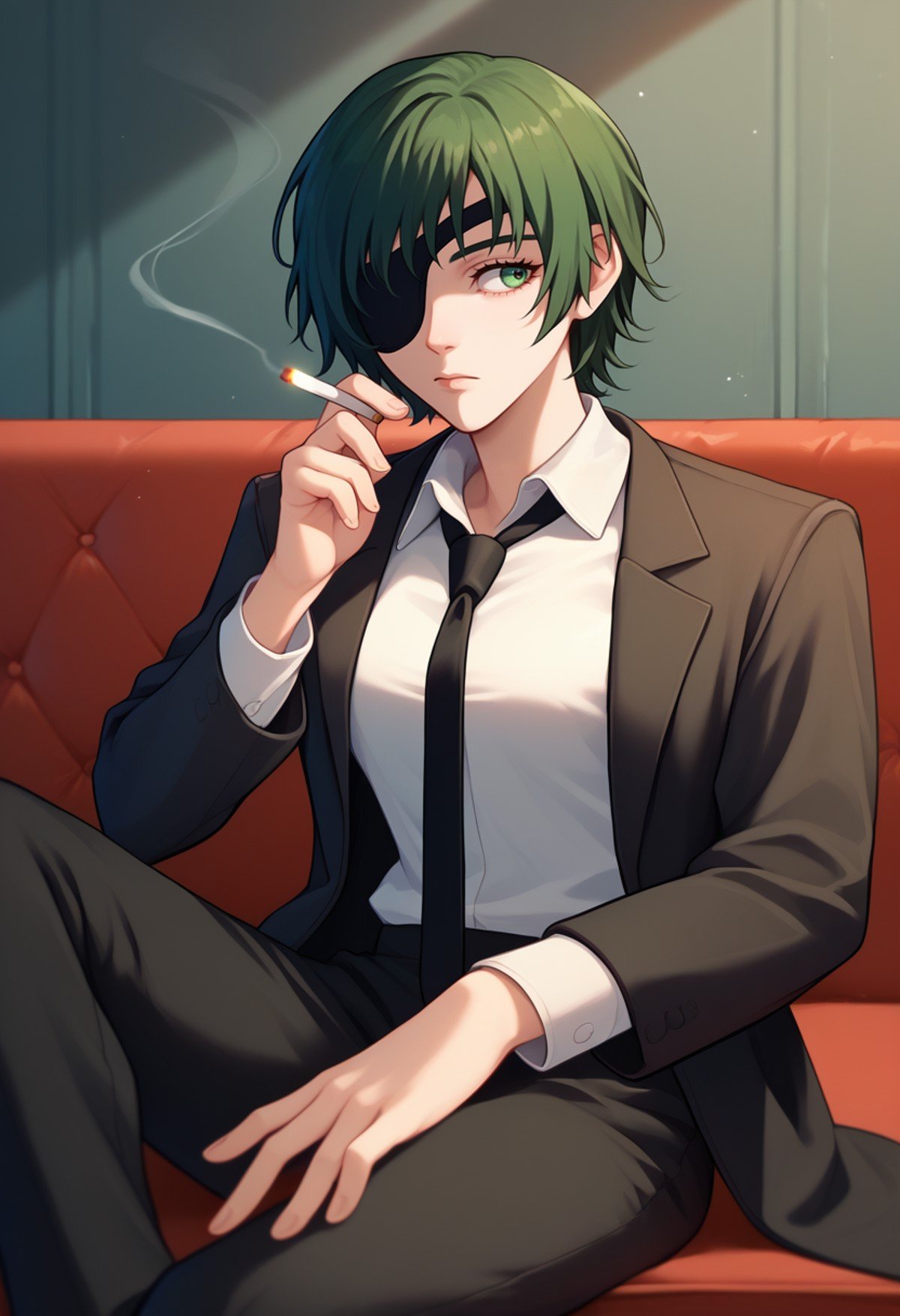 score_9, score_8_up, score_7_up, solo, 1girl, csmhimeno, expressionless, looking away, sitting, couch, holding cigarette, between fingers, green eyes, eyepatch, formal, black jacket, suit jacket, open jacket, long sleeves, white shirt, collared shirt, shirt tucked in, black necktie, black pants, indoors <lora:csm_himeno_ponyXL:1>