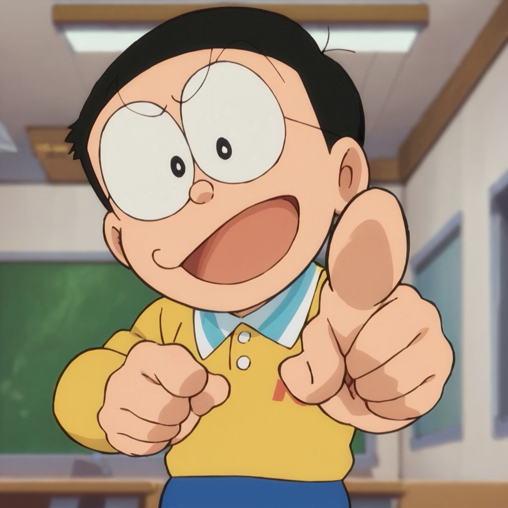 score_9, score_8_up, score_7_up, score_6_up, score_5_up, score_4_up, source_anime, nobi nobita, 1boy, male focus, solo, yellow shirt, blue pants, pointing, black hair, pointing at viewer, open mouth,  smile, classroom, black eyes, indoors, looking at viewer, masterpiece, best quality,<lora:minamoto shizuka and nobita autism:1.1>