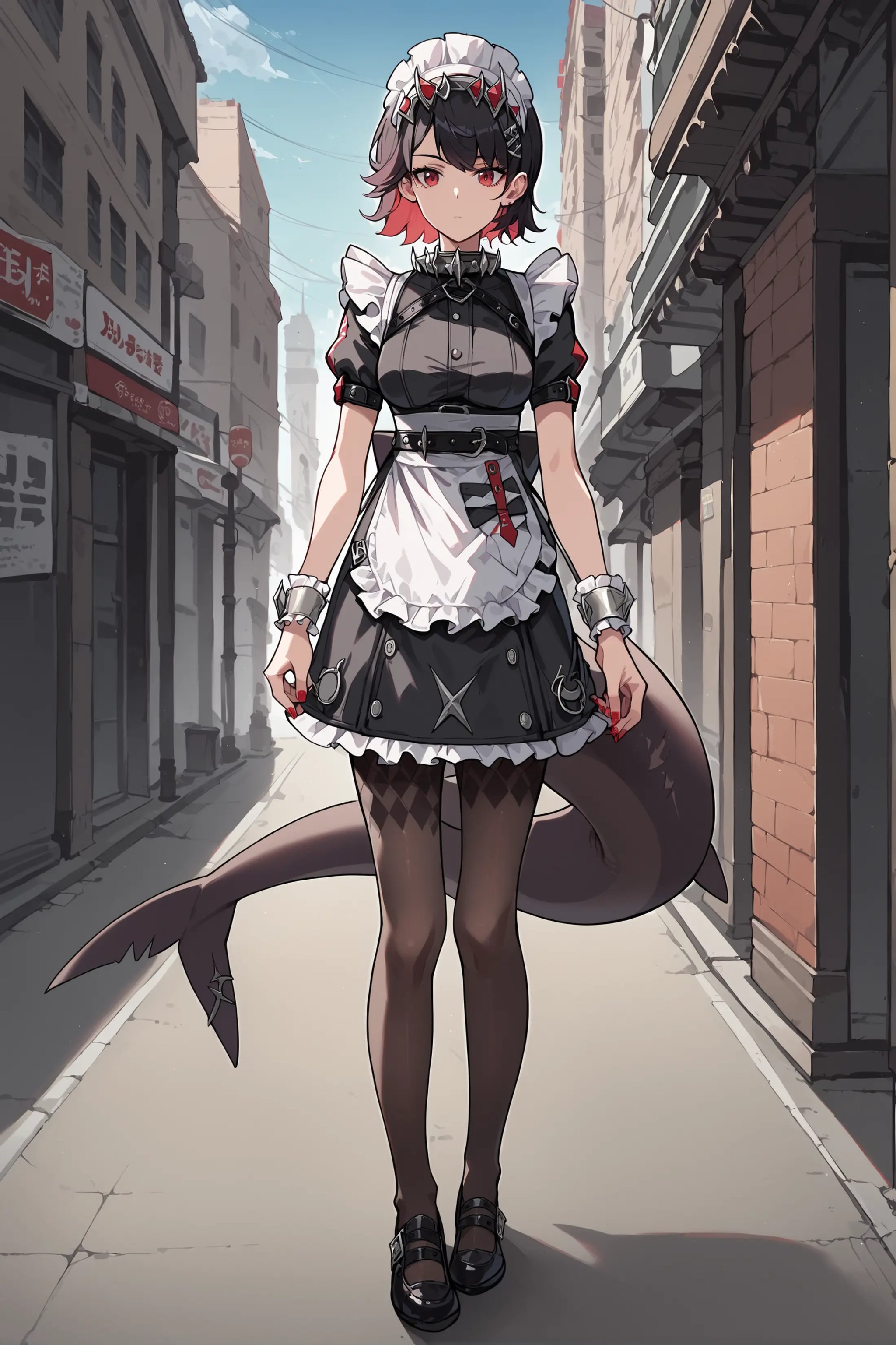 score_9, score_8_up, score_7_up, source_anime, 1girl, ellen joe, solo, hairclip, argyle pantyhose, red nails, black footwear, maid headdress, maid apron, wrist cuffs, maid dress, shark tail, spiked collar, looking at viewer, expressionless, street, outdoors, depth of field, standing, full body  <lora:Char-ZZZ-EllenJoe-pony-V1:0.8>  <lora:Style-Expressive_H-pony:0.8>