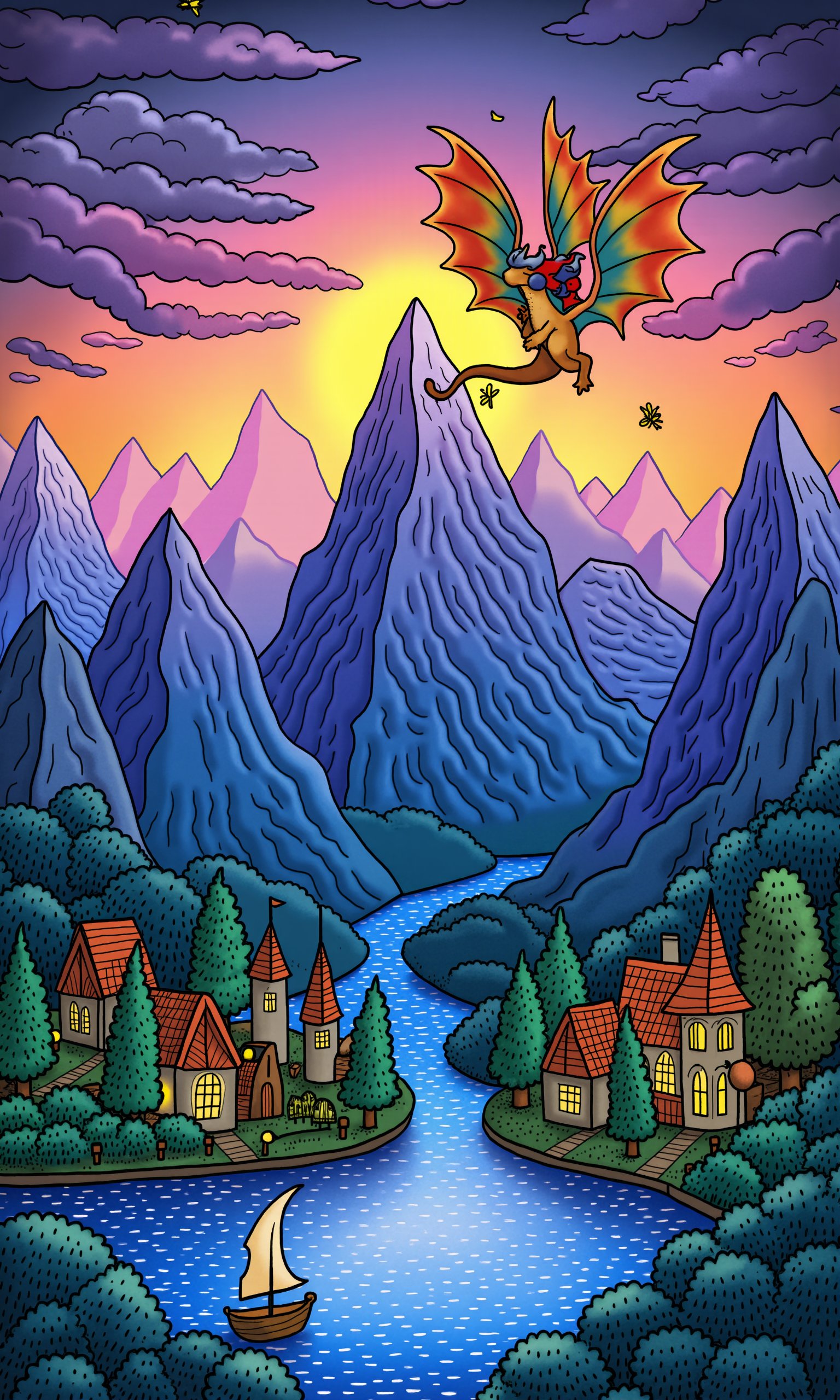 Create a vibrant paper cut style illustration depicting a whimsical fantasy landscape. The scene features towering, layered paper mountains with intricate cutout patterns, their edges softly glowing as if kissed by the light of a setting sun. A majestic, multi-colored dragon with flowing, translucent wings soars gracefully above, its scales made of finely detailed, iridescent paper. In the foreground, a serene, crystal-clear lake mirrors the fantastical sky, with tiny, paper sailboats gently drifting on its surface. Along the lake's edge, a charming village of cozy, paper houses with curved rooftops and glowing windows nestles against the mountains. Ethereal, glowing fireflies, each a delicate paper cut, flutter above lush, vibrant paper trees. The entire scene is bathed in warm, golden light, with soft shadows and subtle gradients adding depth, creating a magical, otherworldly atmosphere. The color palette is rich and harmonious, featuring deep blues, purples, and soft pinks, all with a hint of metallic shimmer to enhance the fantastical elements.