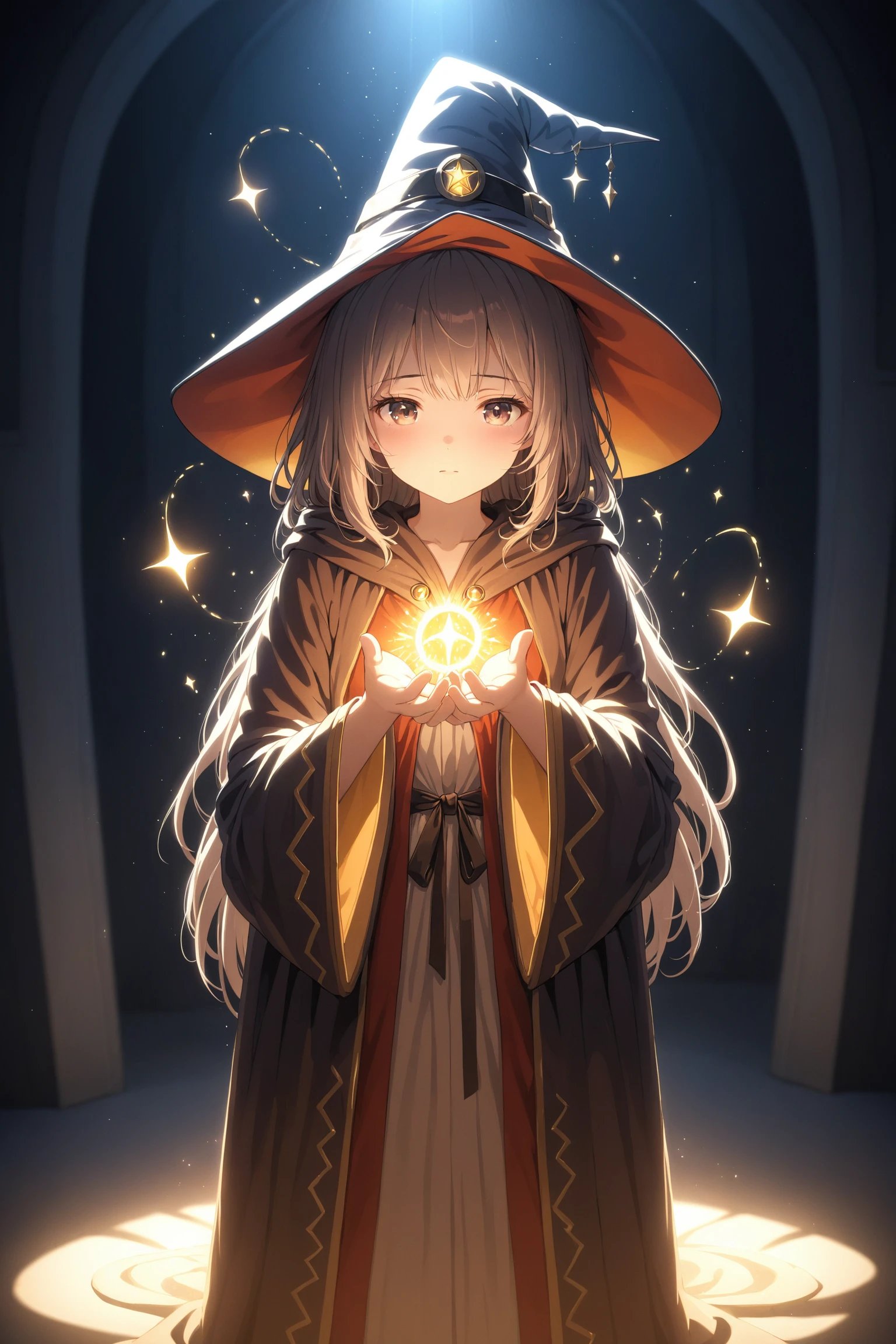 1girl, solo, wizard hat, robe, soul in hands, spelling, dark room, light particles, depth of field, soft lighting, masterpiece, best quality