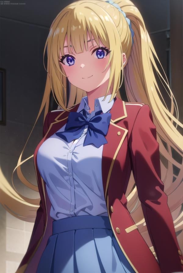 keikaruizawa, <lora:kei karuizawa s2-lora-nochekaiser:1>, kei karuizawa, long hair, bangs, blunt bangs, (purple eyes:1.1), blonde hair, shirt, hair ornament, ponytail, scrunchie, blue scrunchie, smile,BREAK skirt, shirt, bow, school uniform, jacket, (red jacket:1.2), pleated skirt, bowtie, sweater, (blue bow:1.2), (blue shirt:1.2),BREAK indoors, classroom,BREAK looking at viewer, (cowboy shot:1.5),BREAK <lyco:GoodHands-beta2:1>, (masterpiece:1.2), best quality, high resolution, unity 8k wallpaper, (illustration:0.8), (beautiful detailed eyes:1.6), extremely detailed face, perfect lighting, extremely detailed CG, (perfect hands, perfect anatomy),