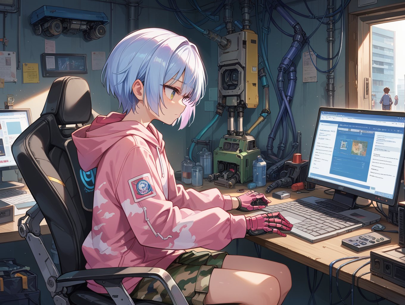 score_9, score_8_up, score_7_up,source_anime,BREAK,android, mechanical arms, short hair, pink hoodie, hood down, camouflage, drawstring, long sleeves, gloves, no pants, mechanical legs, indoors, computer,,