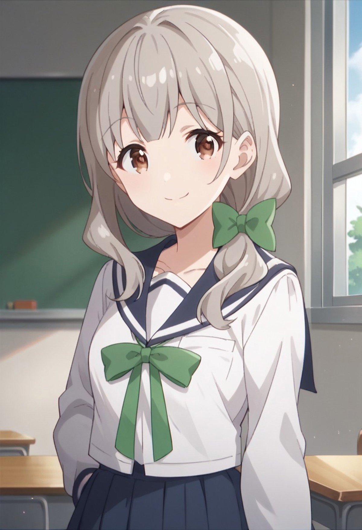 score_9, score_8_up, score_7_up, source_anime, morino mari, grey hair, brown eyes, long hair, 1girl, school uniform, solo, serafuku, smile, looking at viewer, hair bow, bow, green bow, ribbon, skirt,classroom