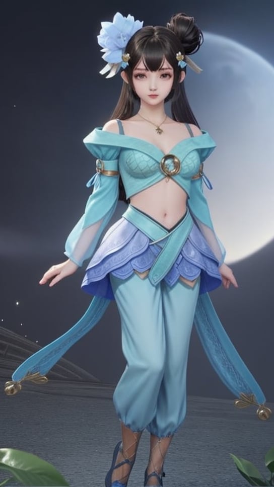 (1girl),smooth chin,masterpiece,detailed face,((hair ornament)),top quality,4k,make up,best quality,medium breasts,(looking at viewer),long legs,double bun,jewelry hair,dress,detached sleeves,ribbon,shawl,light blue skirt,puffy pants,hair rings,hair flower,(wariza),(arms behind back),bangs,jewelry on bangs,<lora:王者 小乔 青蛇SD_v1.0:0.6>,