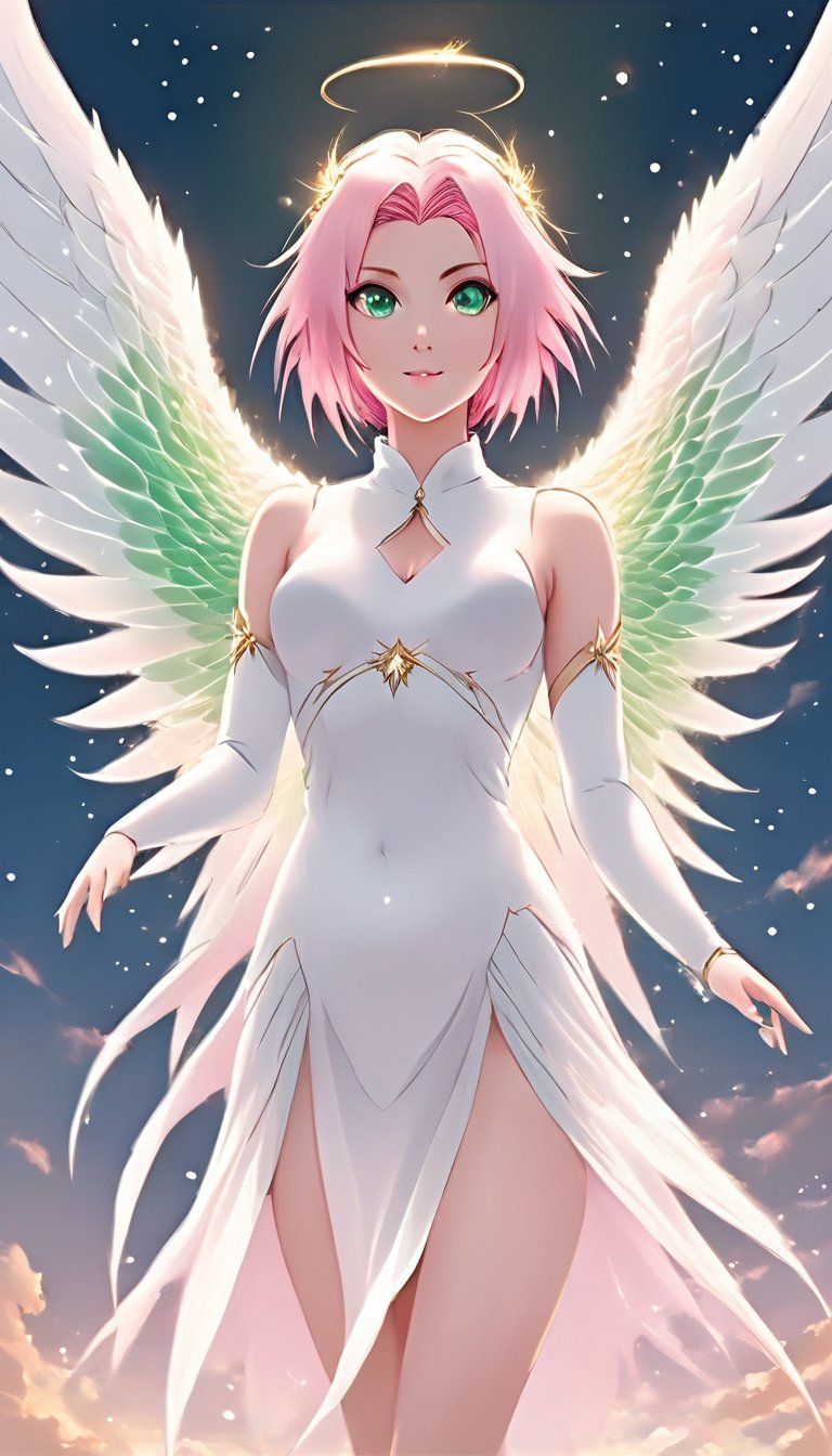 ethereal fantasy concept art of   <lora:SakuraXL:1> Sak_Nar Woman, Pink Hair, green eyes,   <lora:SDXL_Sacred_beast:.4> angel wings, full body . magnificent, celestial, ethereal, painterly, epic, majestic, magical, fantasy art, cover art, dreamy