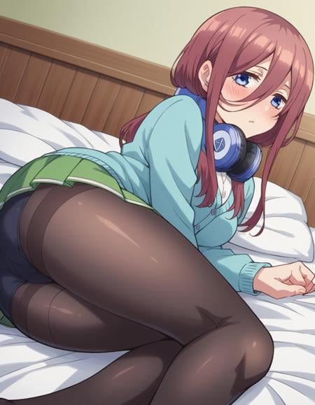 score_9, score_8_up, score_7_up, source_anime,mikunakano, <lora:miku-nakano-s1-ponyxl-lora-nochekaiser:1>, miku nakano, long hair, bangs, blue eyes, brown hair, shirt, hair between eyes, headphones, headphones around neck,skirt, shirt, long sleeves, white shirt, pantyhose, pleated skirt, black pantyhose, cardigan, green skirt, blue cardigan,indoors, bed, bed room, on side, blush, drunk,looking at viewer, cowboy shot, dutch angle, solo,