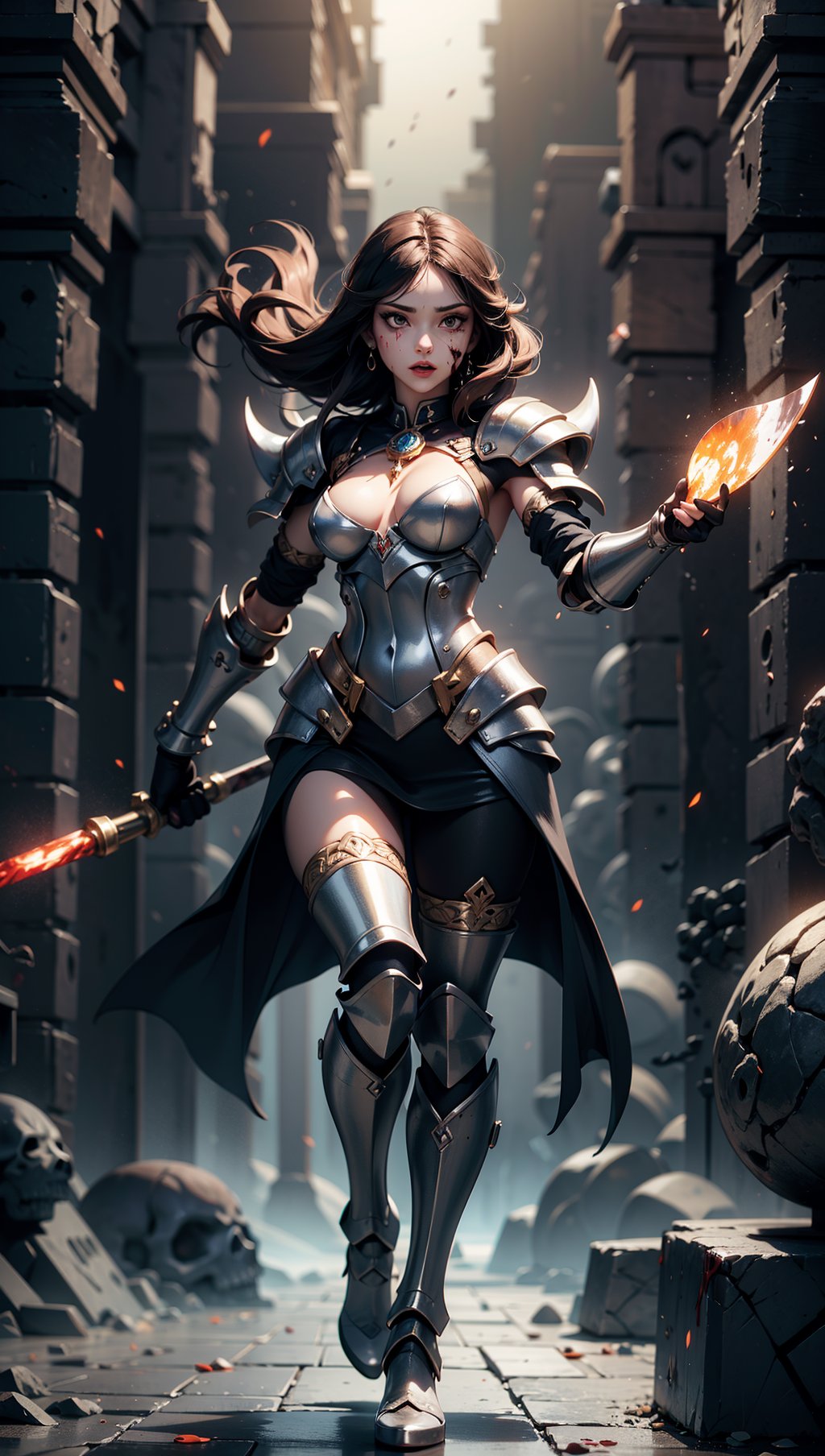 Full body shot,(photorealistic, realistic),masterpiece,absurdres,highres,high quality,ultra detailed,beautiful and aesthetic,horror (theme),1 woman,dynamic pose,shiny skin,lovely face,(holding weapon),enchanted armor,ancient,intricate details,expressive drips,(energetic movement),(sense of depth),glowing aura,in the depths of a gloomy dungeon,illuminated by divine light,(perfect lighting),(mysterious scenery),magical lighting,skull,blood,blood splatter,