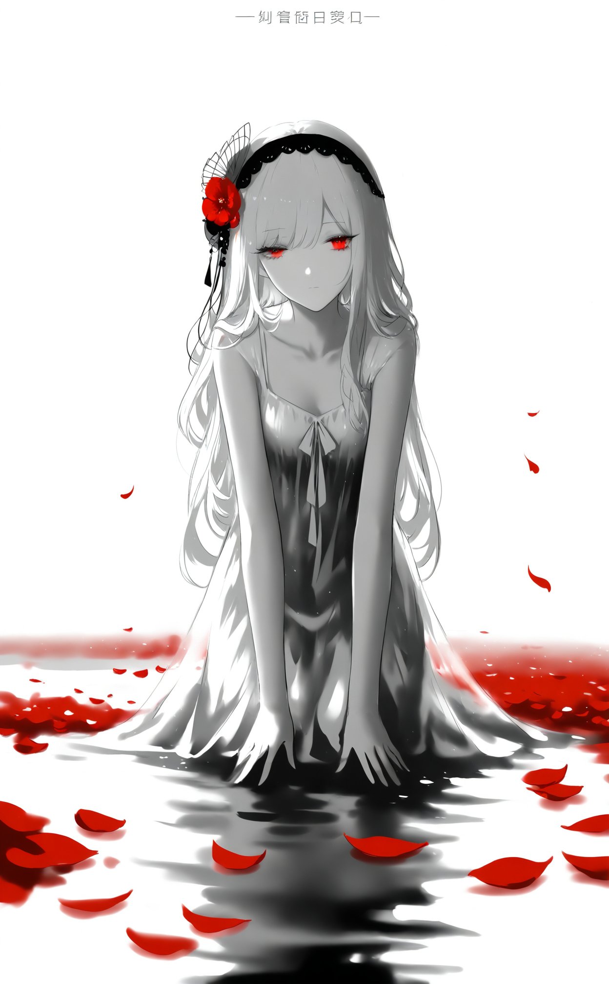 (masterpiece),(best quality),illustration,ultra detailed,hdr,depth of field,(colorful),[artist:wlop],[[artist:sheya]],artist:hiten_(hitenkei),1girl,red eyes,white long translucent night gown,expressionless,(white hair),hair cover one eye,long hair,red hair flower,kneeling on lake,(plenty of red petals:1.35),(white background:1.5),(English text),greyscale,monochrome,greyscale,monochrome,sketch,