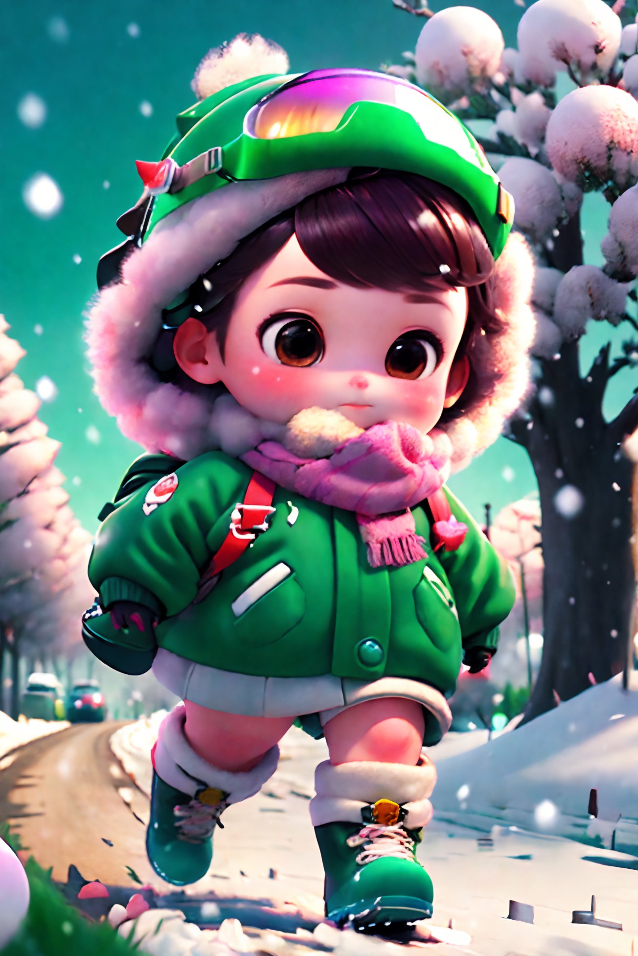 "Description Object" : "A girl walking in the snow", 1 girl, pink long hill, winter, snowflake, single, gloves, motor vehicle, helmet, black eyes, boots, goggles, white gloves, brown hair, scarf, short hair, smoke, C4D,3D, running on the road, tree,