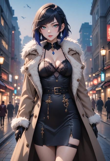 1girl, Yelan ,genshin impact, green eyes, 1girl, breasts, cleavage, intricate details, beautiful, elegant, coat, long, dark, woolen, attire, fashion, urban, sophistication, autumn, style, confident, cityscape, street, evening, mysterious, alluring, chilly, glamour,, masterpiece, best quality, very aesthetic, absurdres,newest,ai-generated,