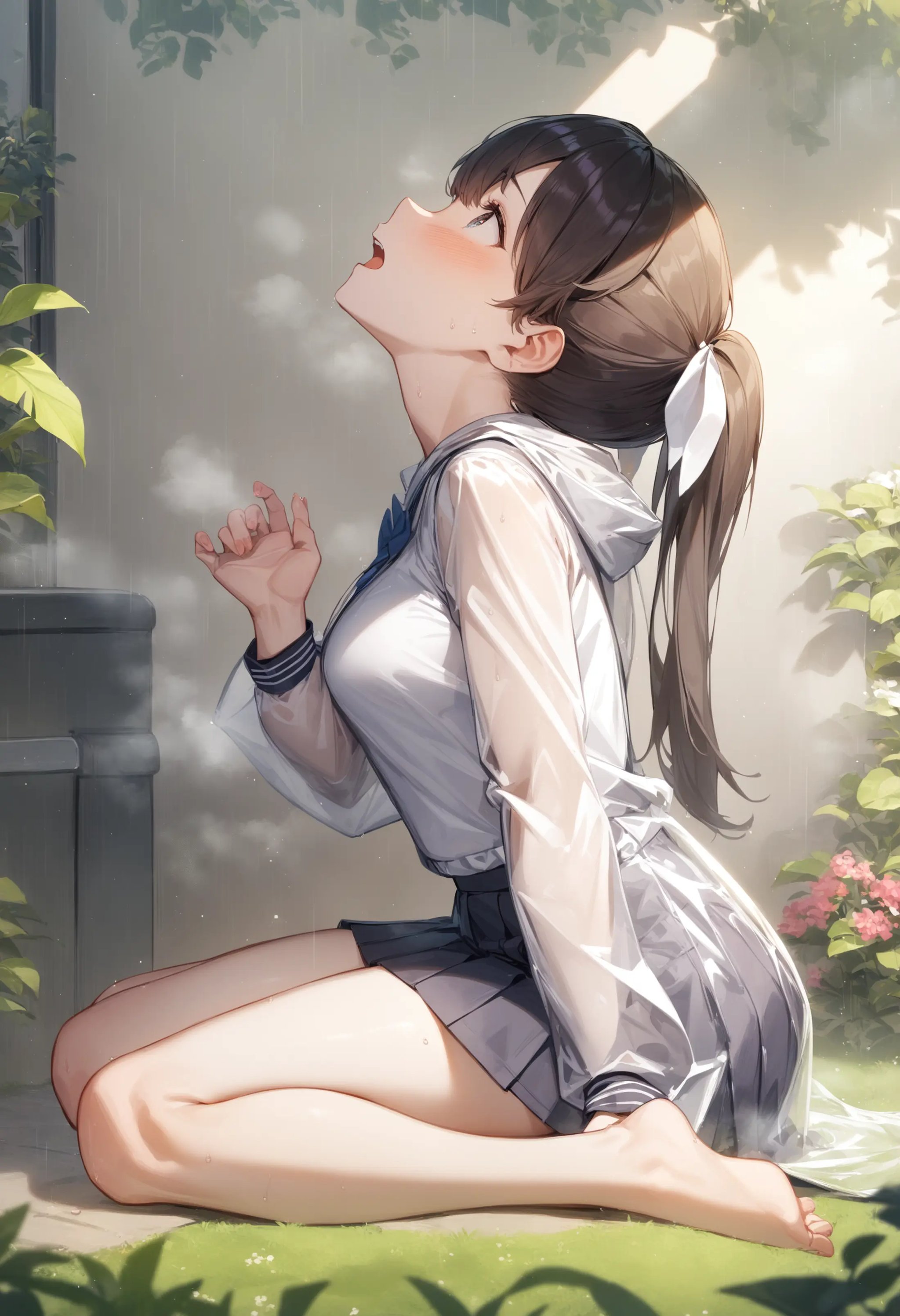 1girl, <lora:sdxl2-flat2-512b:-1>,medium breasts,school uniform,transparent raincoat,<lora:transparentraincoat_XL_v1:0.7>from side, full body, looking up, naughty, back yard, open mouth,masterpiece, best quality, very aesthetic, absurdres