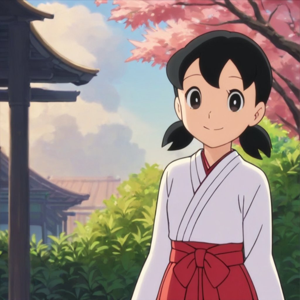 score_9, score_8_up, score_7_up, score_6_up, score_5_up, score_4_up, source_anime,minamoto shizuka,1girl, solo, japanese clothes, black hair,miko, black eyes, smile, twintails, outdoors, hakama, looking at viewer, skirt, short hair, day, short twintails, hakama skirt, tree, red hakama, long sleeves,masterpiece, perfect face, best quality, beautiful girl, cute girl, beautiful eyes, shiny eyes, anime coloring, anime screencap, absurdres, outdoors,<lora:minamoto shizuka pony 906 1:0.8>