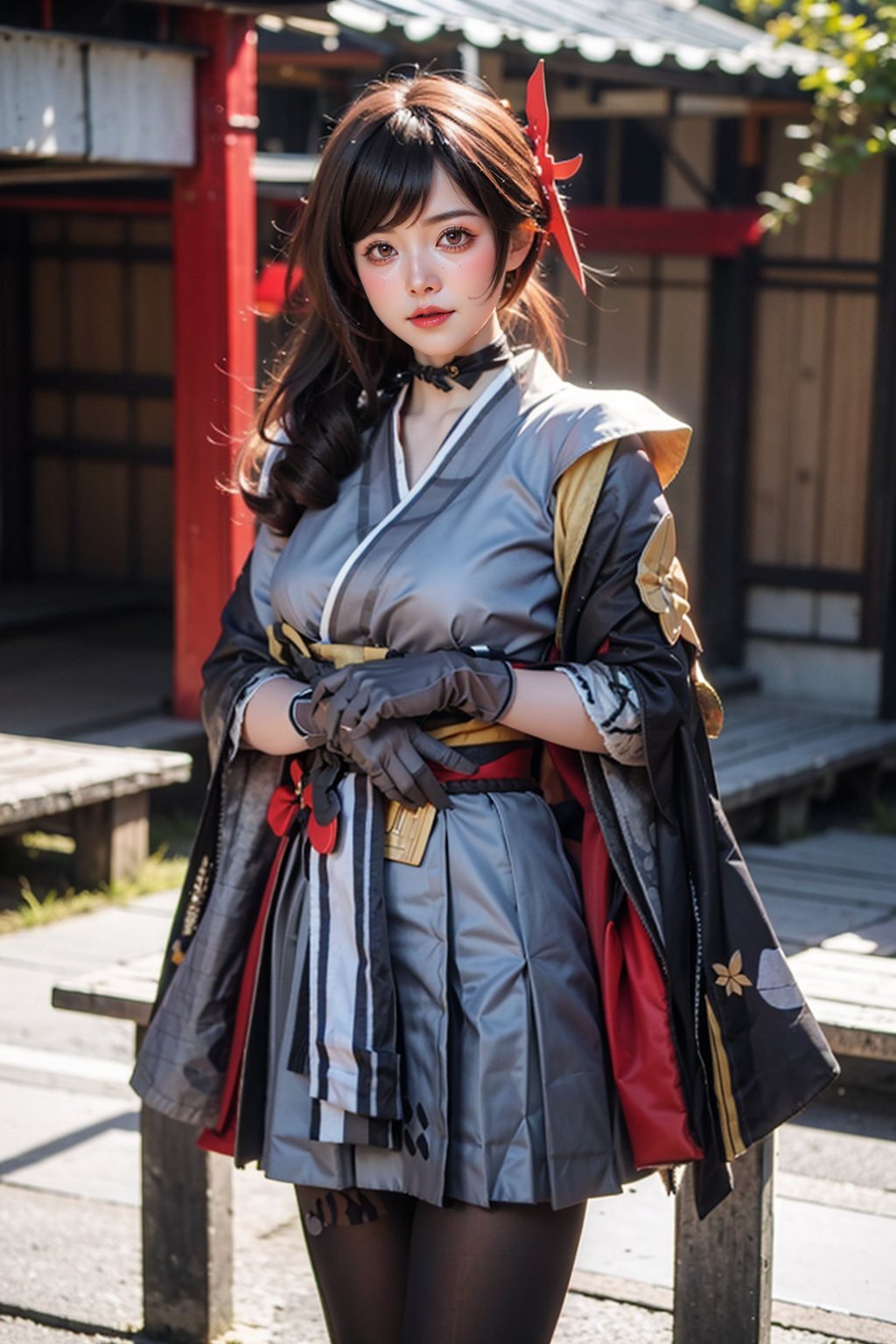 masterpiece,best quality,realistic,film grain,1girl, chiori \(genshin impact\), solo, looking at viewer, gloves, kimono, pantyhose, sash, multicolored hair, standing, hair flower, cowboy shot, black gloves,black pantyhose, brown hair