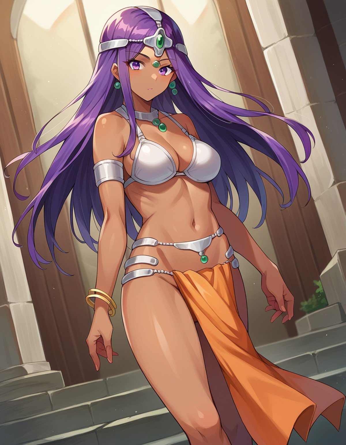 score_9, score_8_up, score_7_up, source_anime,dqmanya, <lora:dq-manya-ponyxl-lora-nochekaiser:1>,manya, dark skin, dark-skinned female, long hair, purple eyes, purple hair,bikini, bikini top only, bracelet, circlet, jewelry, loincloth, pelvic curtain, sandals, swimsuit,indoors,looking at viewer, dutch angle, cowboy shot,