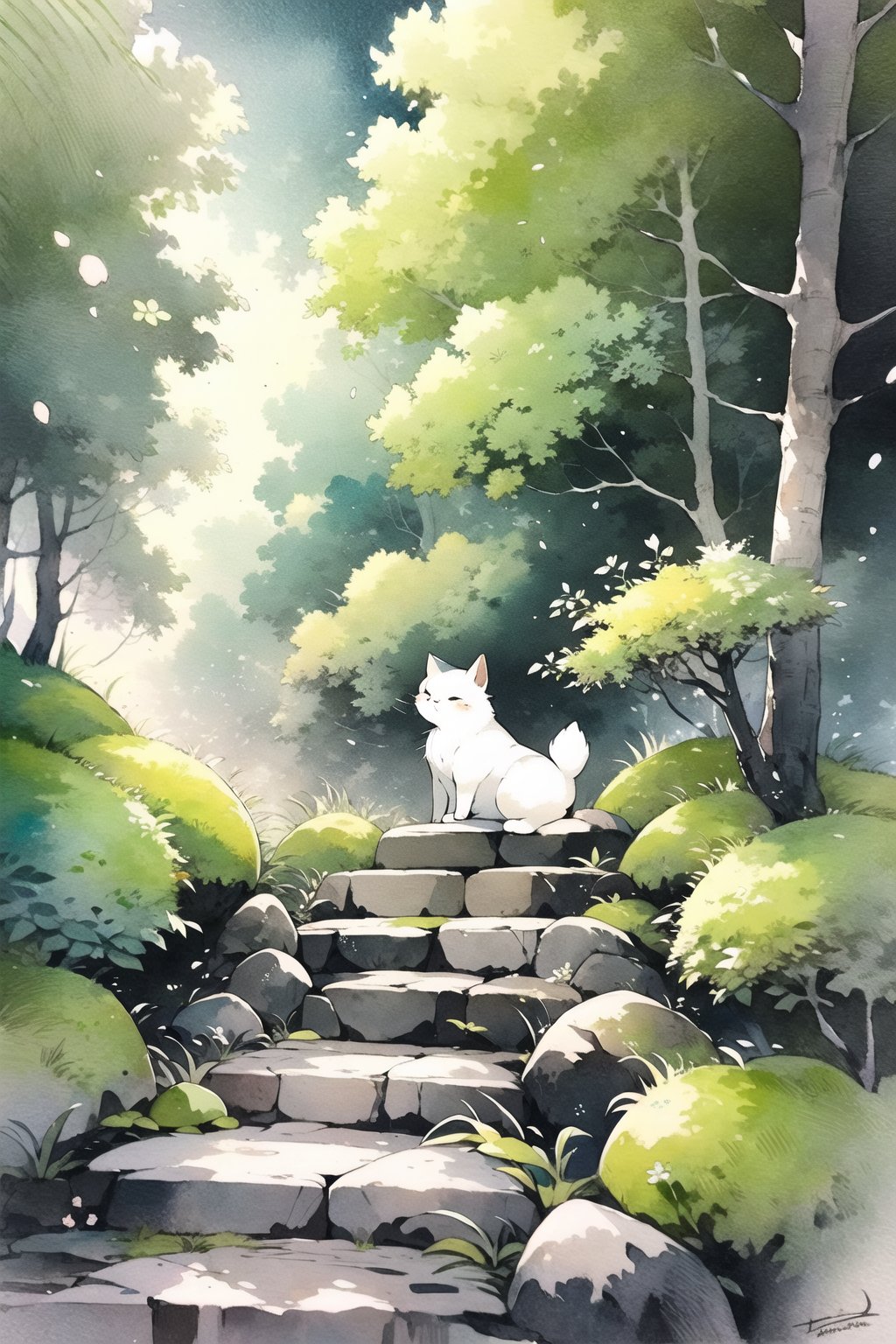 a painting of a cat sitting on a rock in a forest with a bridge in the background and a sky background,no humans,cat,torii,outdoors,bush,signature,stairs,plant,grass,flower,tree,watercolor \(medium\),white background,