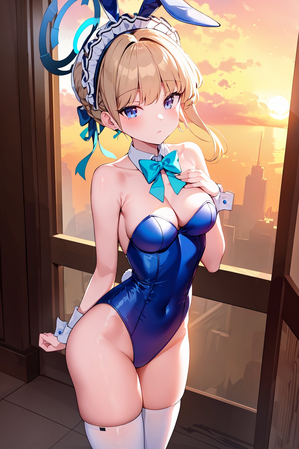best quality, masterpiece,  <lora:TokiBAv1:0.7>toki, halo, short hair, rabbit ears, detached collar bowtie, playboy bunny leotard, white thighhighs, bunny tail, maid headdress, wrist cuffs, looking at viewer,  sky, window, sunset, hand on own chest, expressionless, cowboy shot,