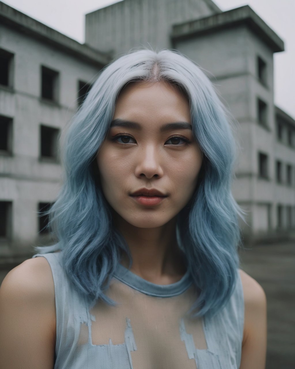 <lora:SDXLpsp:1> bad quality image,  portrait of haute couture beautiful asian fashion model with pale blue hair, ethereal dreamy foggy, photoshoot by Alessio Albi , editorial Fashion Magazine photoshoot, fashion poses, in front of brutalist building architecture. Kinfolk Magazine. Film Grain. light guy blue eyes a little smile T-shirt with the inscription Dizmoralil