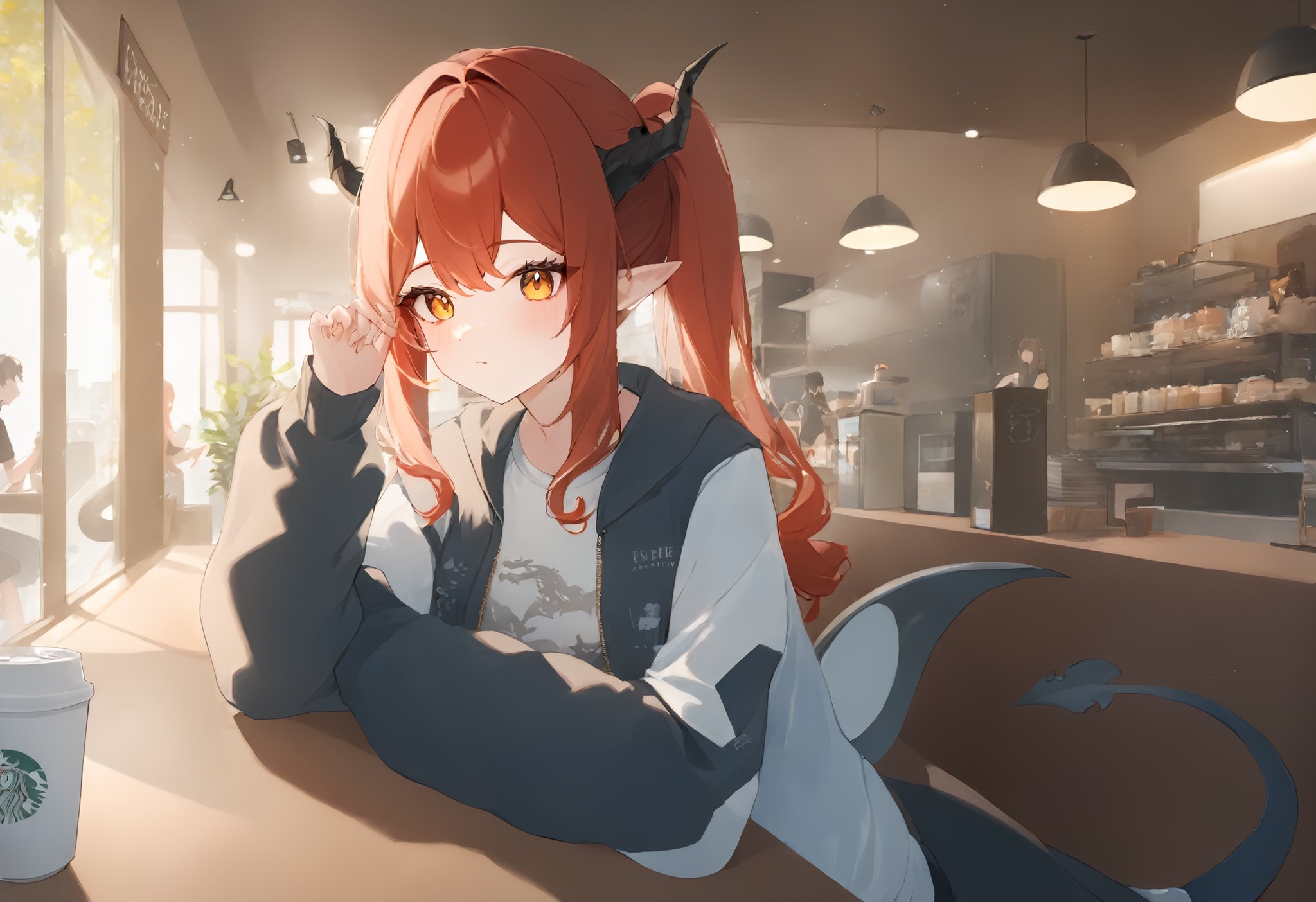 1girl, long hair, side ponytail, solo, pointy ears, window, sunlight,A charming and attractive young girl, adorned with a pair of delicate dragon wings and a sleek dragon tail, is seated comfortably in a seat within the cozy atmosphere of a bustling coffee shop. She is dressed in a trendy and stylish outfit consisting of a fashionable jacket, a comfortable T-shirt, and a graceful skirt, exuding a sense of confidence and fashion-forwardness. As she sits surrounded by the lively atmosphere of the coffee shop, one can't help but be struck by her unique and captivating appearance.dragon tail, dragon horns.masterpiece, best quality, absurdres, recent, newest, safe, sensitive