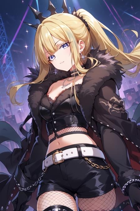 score_9, score_8_up, score_7_up, score_6_up, 1girl, <lora:Neo:0.9> neo, long hair, blonde hair, solo, gloves, black gloves, thigh boots, blue eyes, white belt, black crown, looking at viewer, fur trim, shorts, tattoo, earrings, black shorts, ponytail, jewelry, fishnets, pantyhose, belt, rave