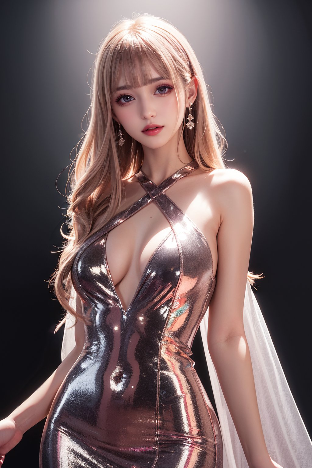 (Light makeup) peerless beauty, pink long hair, metallic dress, shiny, shiny, dreamy, gorgeous dress, detailed facial features, real texture, black background