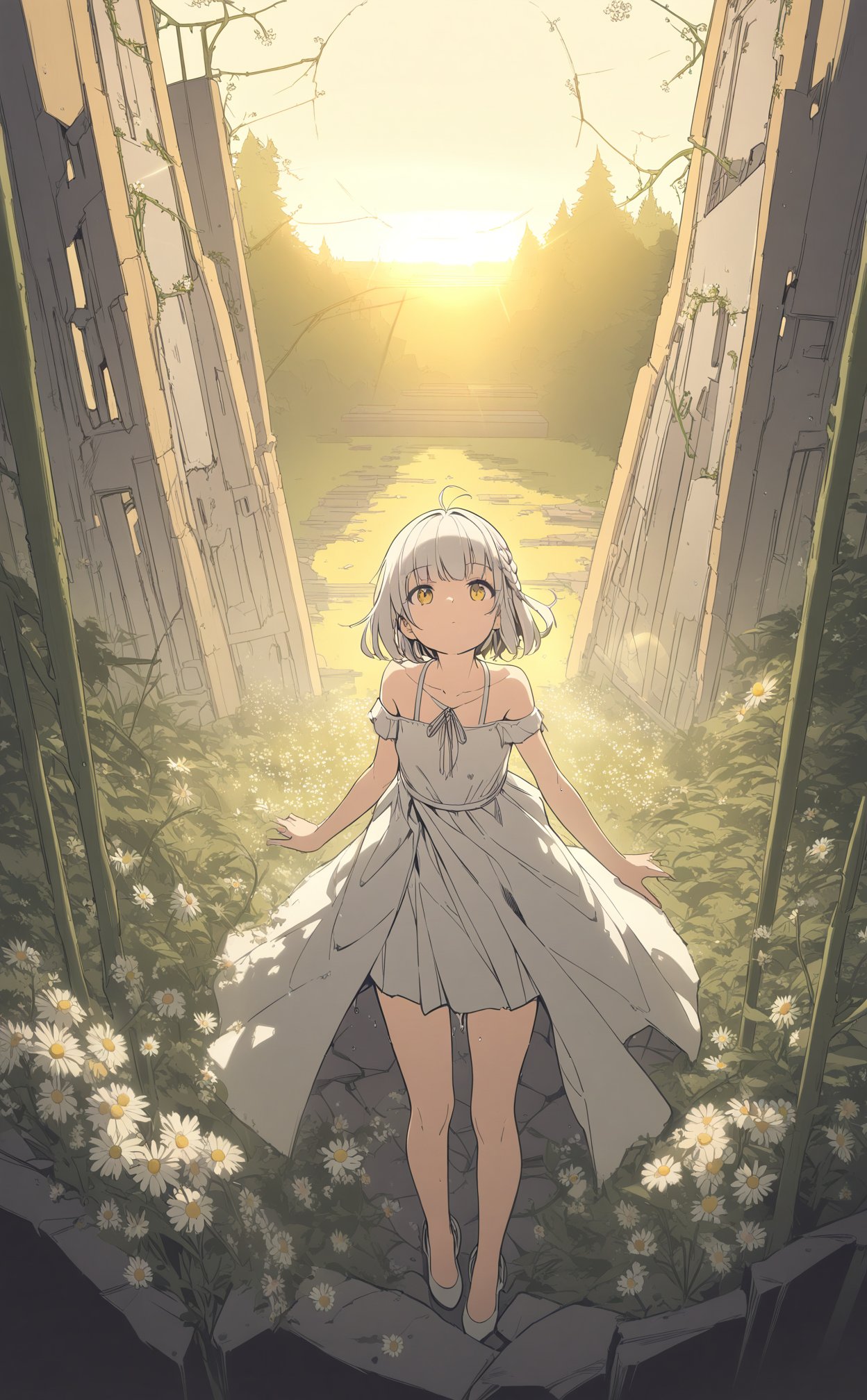 (masterpiece),(best quality),illustration,ultra detailed,hdr,Depth of field,(colorful),loli,yellow theme,the setting sun,Chamomile,Chamomile,cornflower,vines,forest,ruins,lens flare,hdr,Tyndall effect,damp,wet,1girl,bare shoulders,broken glass,broken wall,white hair,white dress,closed mouth,constel lation,flat color,braid,blinking,white robe,float,closed mouth,constel lation,flat color,looking up,standing,medium hair,standing,solo,