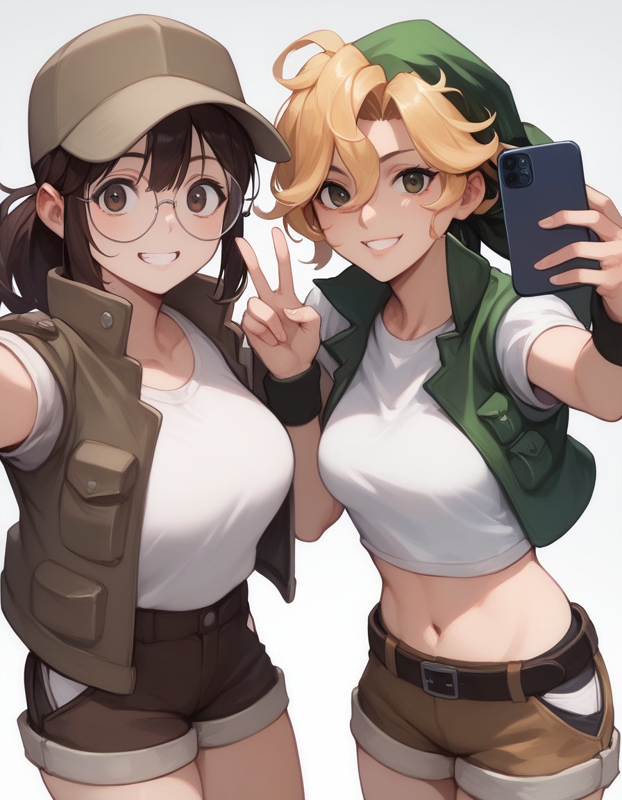 score_9, score_8_up, score_7_up, score_6_up, score_5_up, score_4_up, source_anime<lora:metalslug-ponyxl-000002:1>2girls, holding cup, looking at viewer, parted lips, selfie, smile, vBREAKfio germi, glasses, round eyewear, baseball cap, wristband, brown jacket, cropped jacket, sleeveless jacket, midriff, open jacket, white tank top, brown shorts, short shorts,BREAKkasamoto eri, bandana, crop top, vest, midriff, navel, belt, brown shorts, short shorts