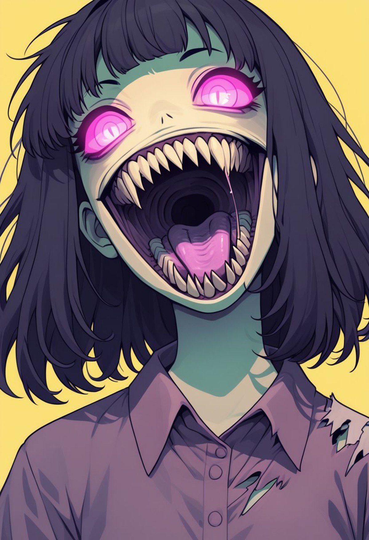 did vaporwave style, 1girl, solo, yellow background, teeth, simple background, open mouth, shirt, pink eyes, collared shirt, bandages, glowing, sharp teeth, upper body, medium hair, tongue, glowing eyes, torn clothes, saliva, colored sclera,  horror (theme), , zombie monster, glowing,,  zPDXL2