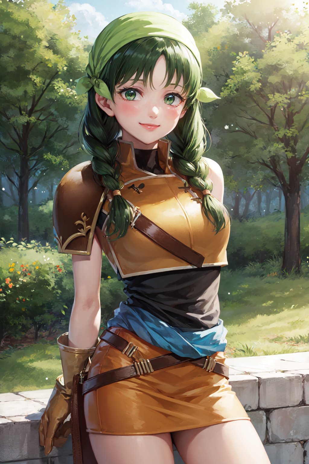 (masterpiece, best quality:1.2), <lora:fireemblem_rebecca-11:1>, cowboy shot, solo, 1girl, rebecca \(fire emblem\), smile, looking at viewer, arms behind back, twin braids, bandana, sleeveless, shoulder armor, miniskirt