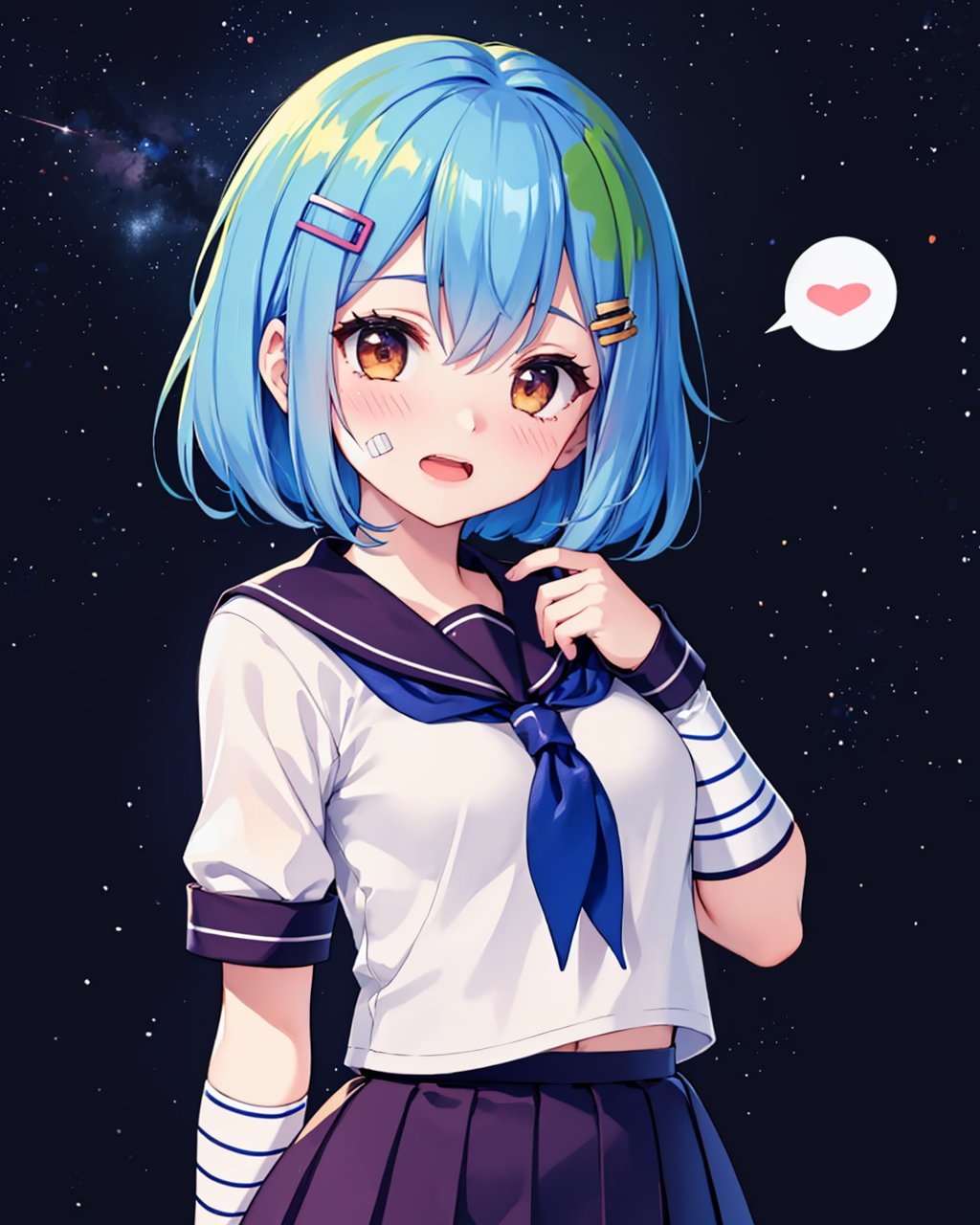 masterpiece,best quality, highly detailed, earth-chan,1girl, solo, blush, hand on own chest, speech bubble, open mouth, arm behind back, space, bandaid on face, star (sky), personification, bandages, serafuku, pleated skirt, hairclip, artist name, breasts,<lora:earth-chan:1>