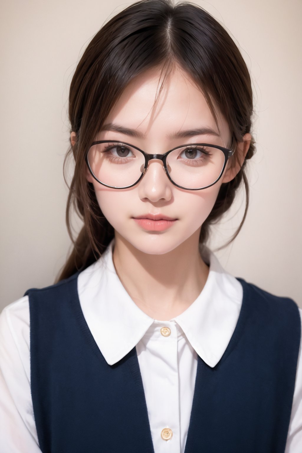 1girl, solo, white shirt, portrait, glasses,