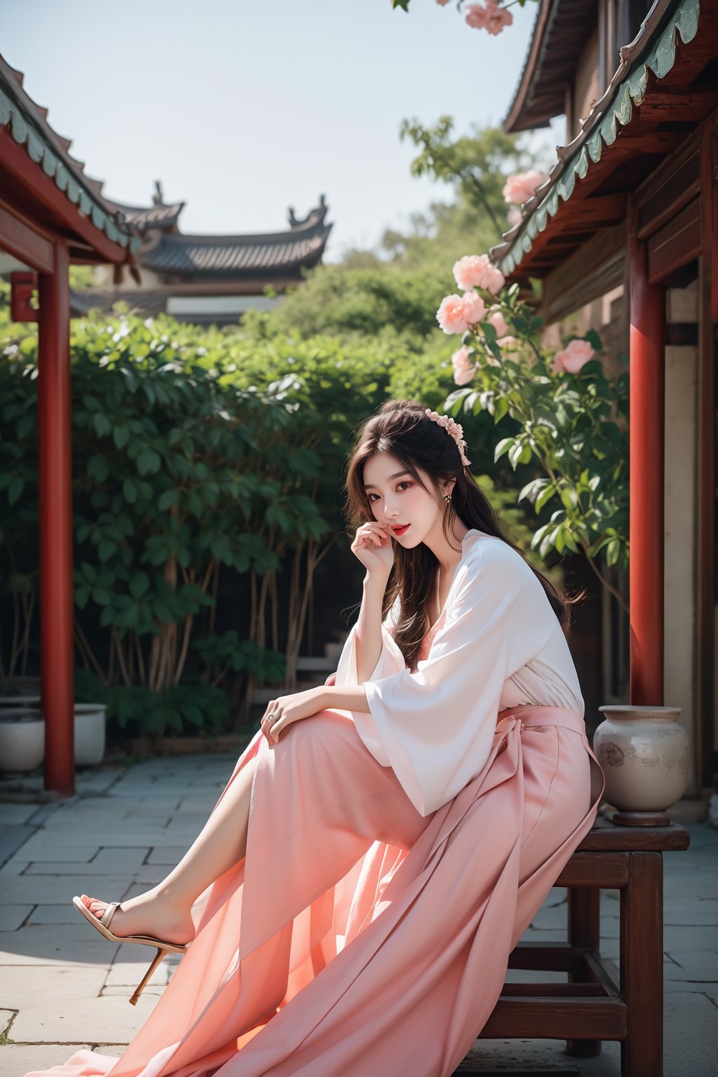 <lora:DT JL_20231017225505-000003:0.3>,ancient chinese courtyards,peach blossom,pink long skirt,illustrate dynamic hair,on_side,lean on side